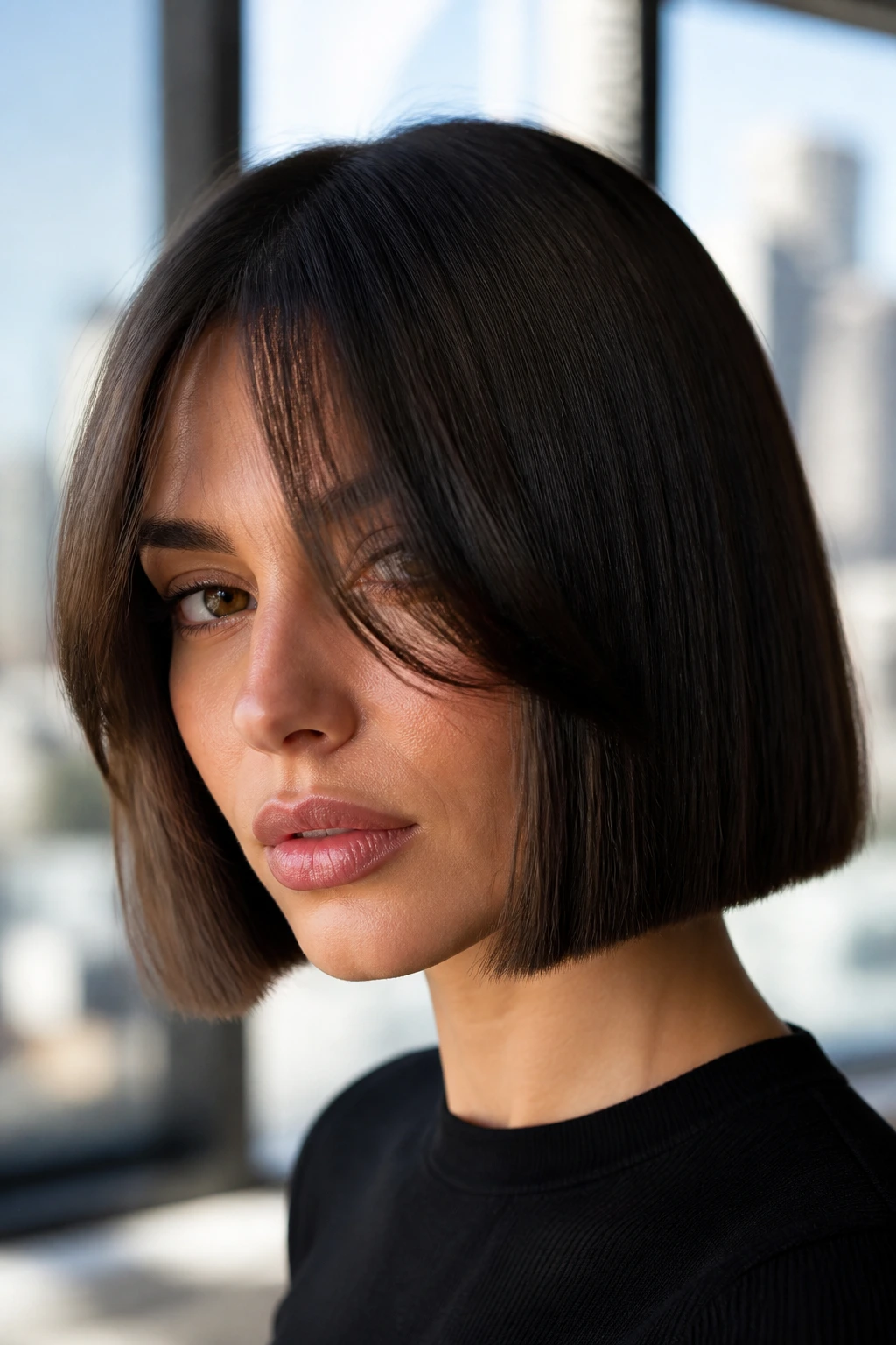 Close-up portrait of a real woman with a jaw-length blunt razor-sharp liquid bob and long curtain bangs.