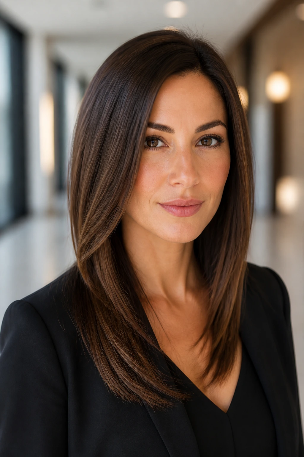 Close-up portrait of a real woman with a razored angled cut for fine hair in a corporate hallway