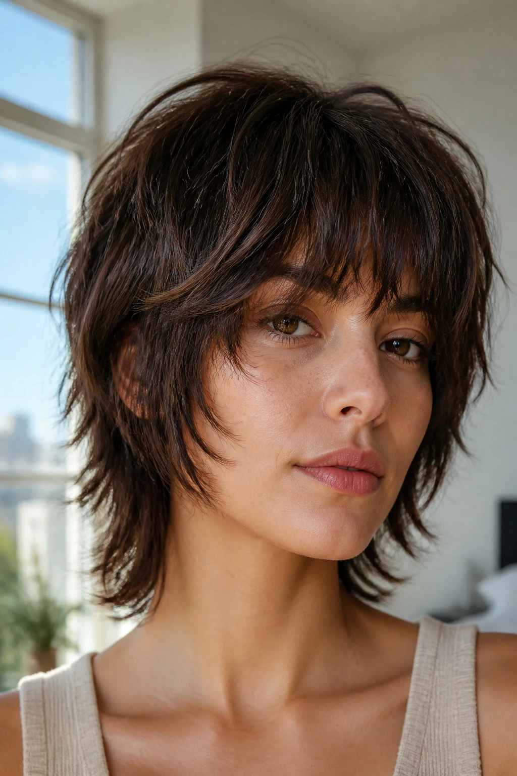 Close-up of a woman with razored face-framing shag bangs in natural daylight