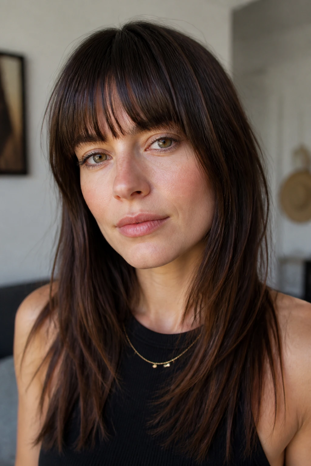 Close-up portrait of a real person with razored straight bangs and tapered ends
