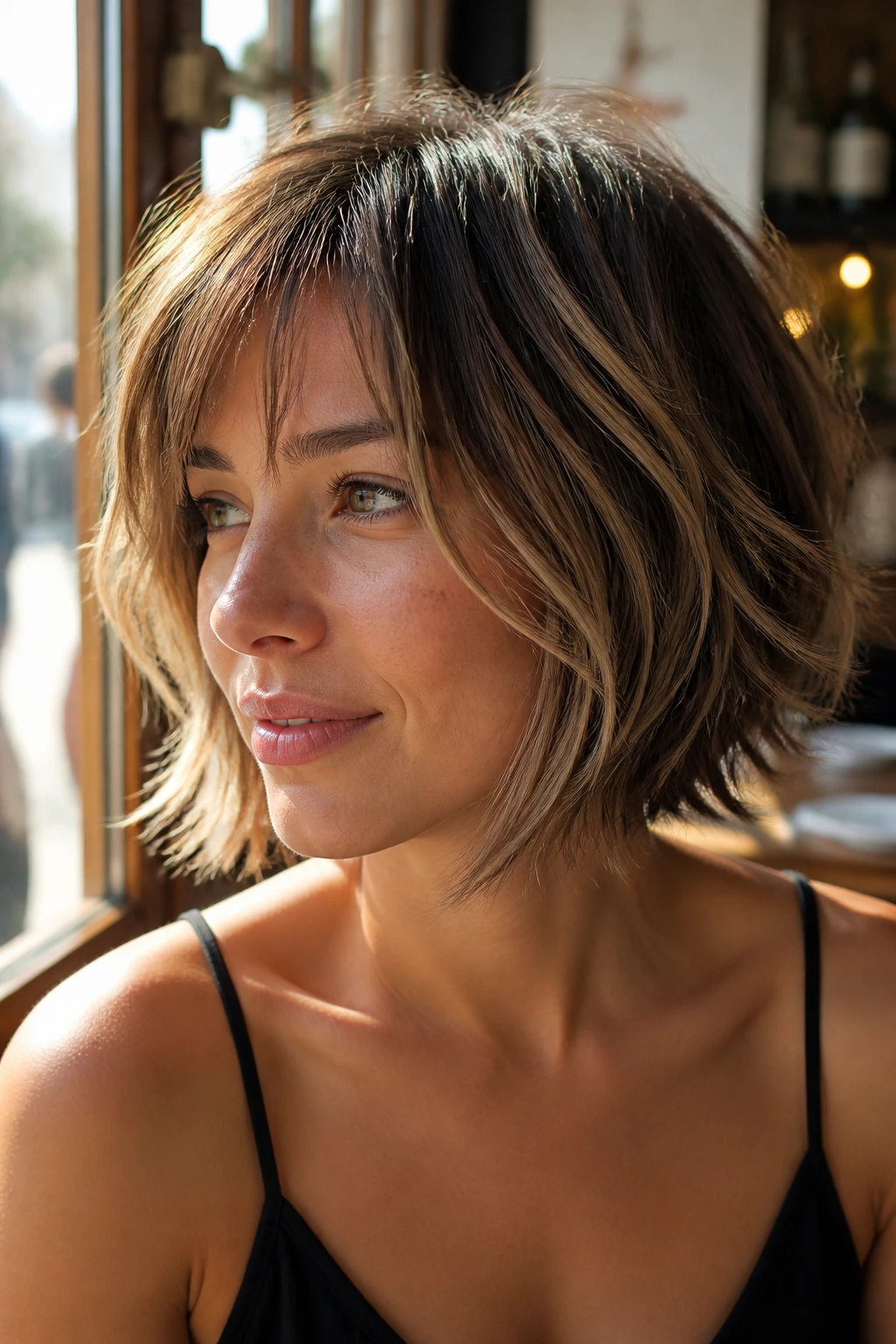 Portrait of a woman with a piecey razored bob in sunlit cafe setting