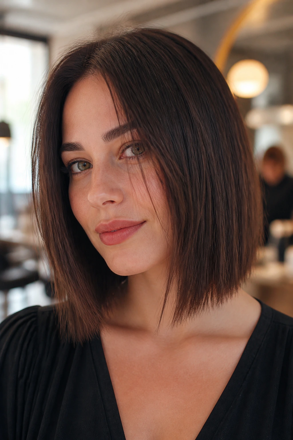 Close-up portrait of a real woman with blunt-edge razored bob in warm window light