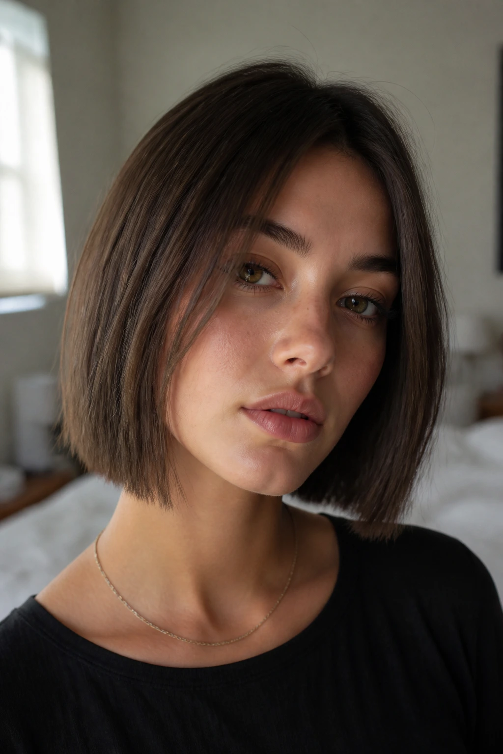 Close-up portrait of a real woman with a chin-length minimalist razored bob in warm bedroom light