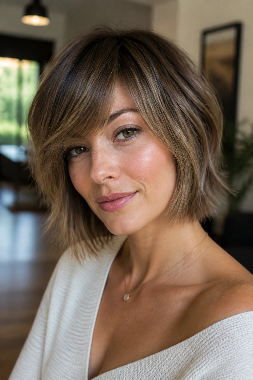 Close-up portrait of a real woman with a razored bob and side-swept bangs.