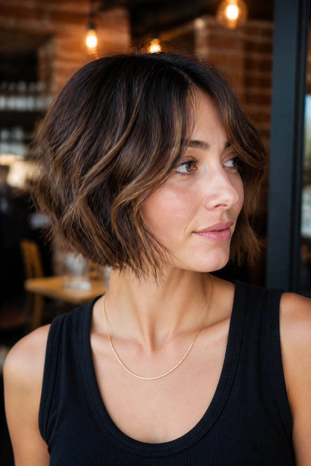 Close-up portrait of a real woman with textured razor-cut bob and curtain bangs, warm indoor lighting