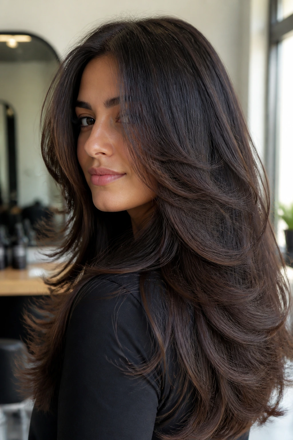 Close-up of a real woman with ultra-thick hair featuring razor-cut tapered ends in a salon setting