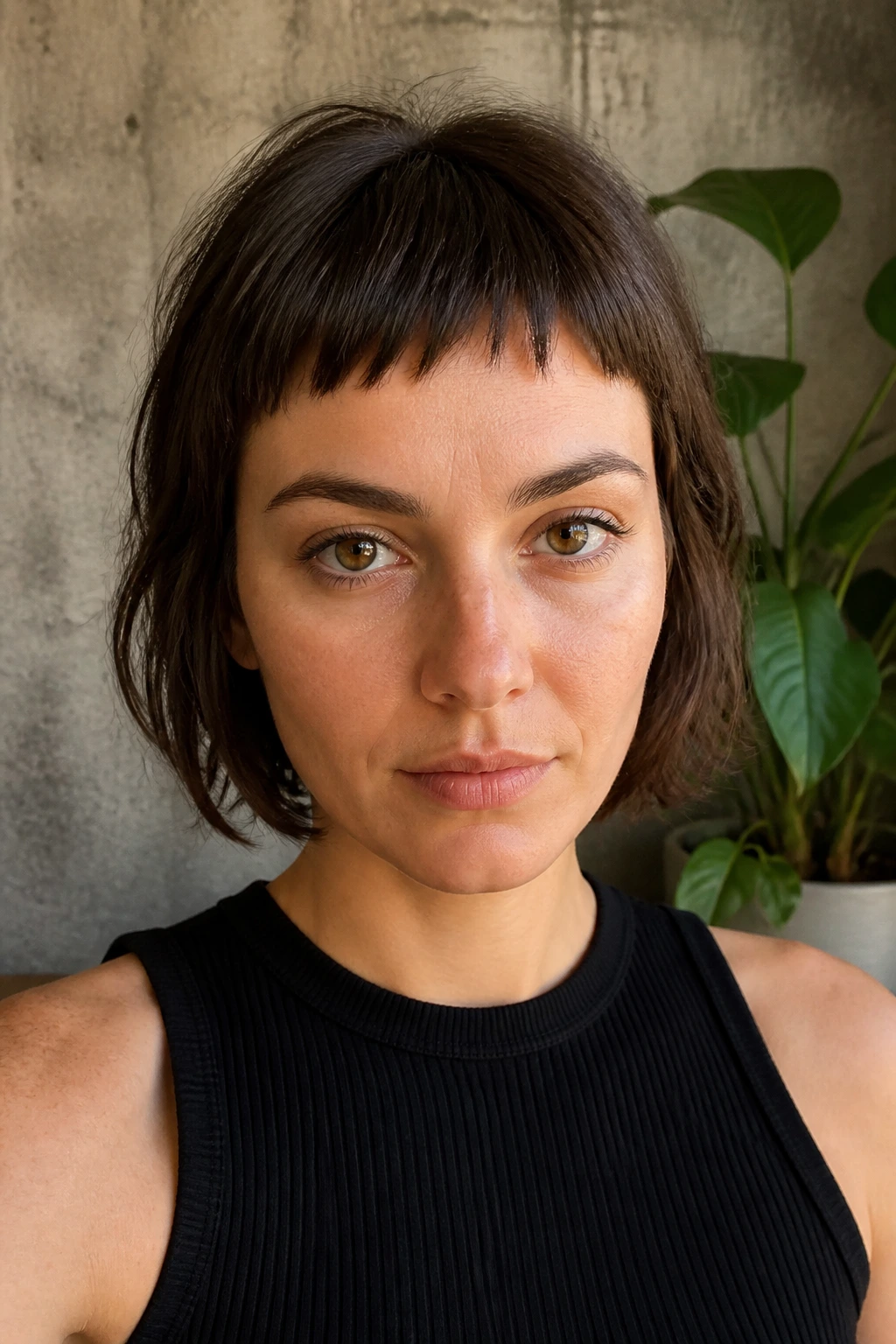 Close-up portrait of a real person with razored cropped bangs resting flat on the forehead