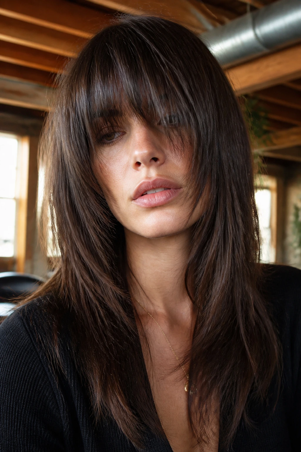 Real woman with razor-edged heavy bangs feathered at the ends in a sunlit loft.