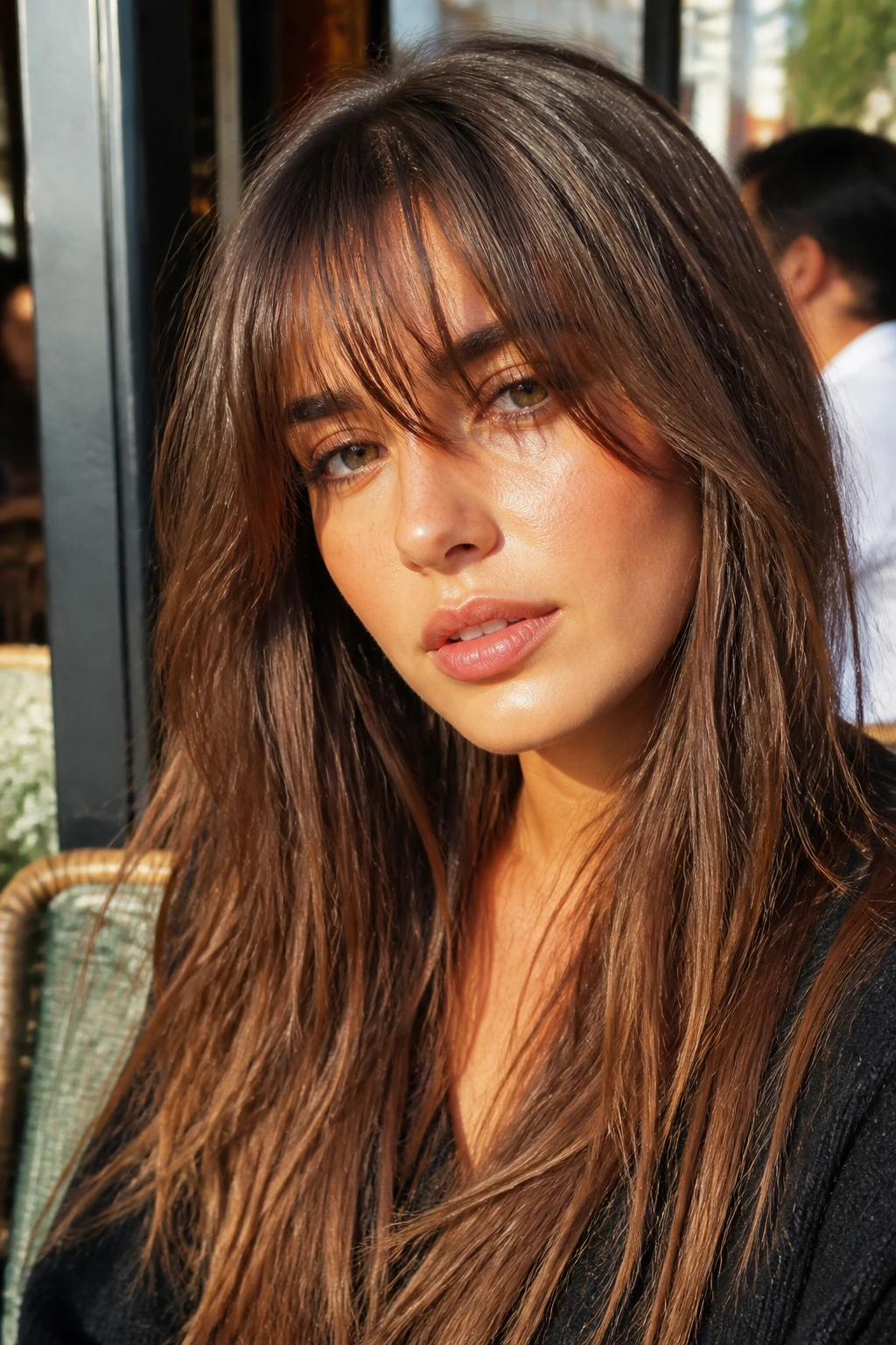 Real person with razored edge bangs showing tapered ends
