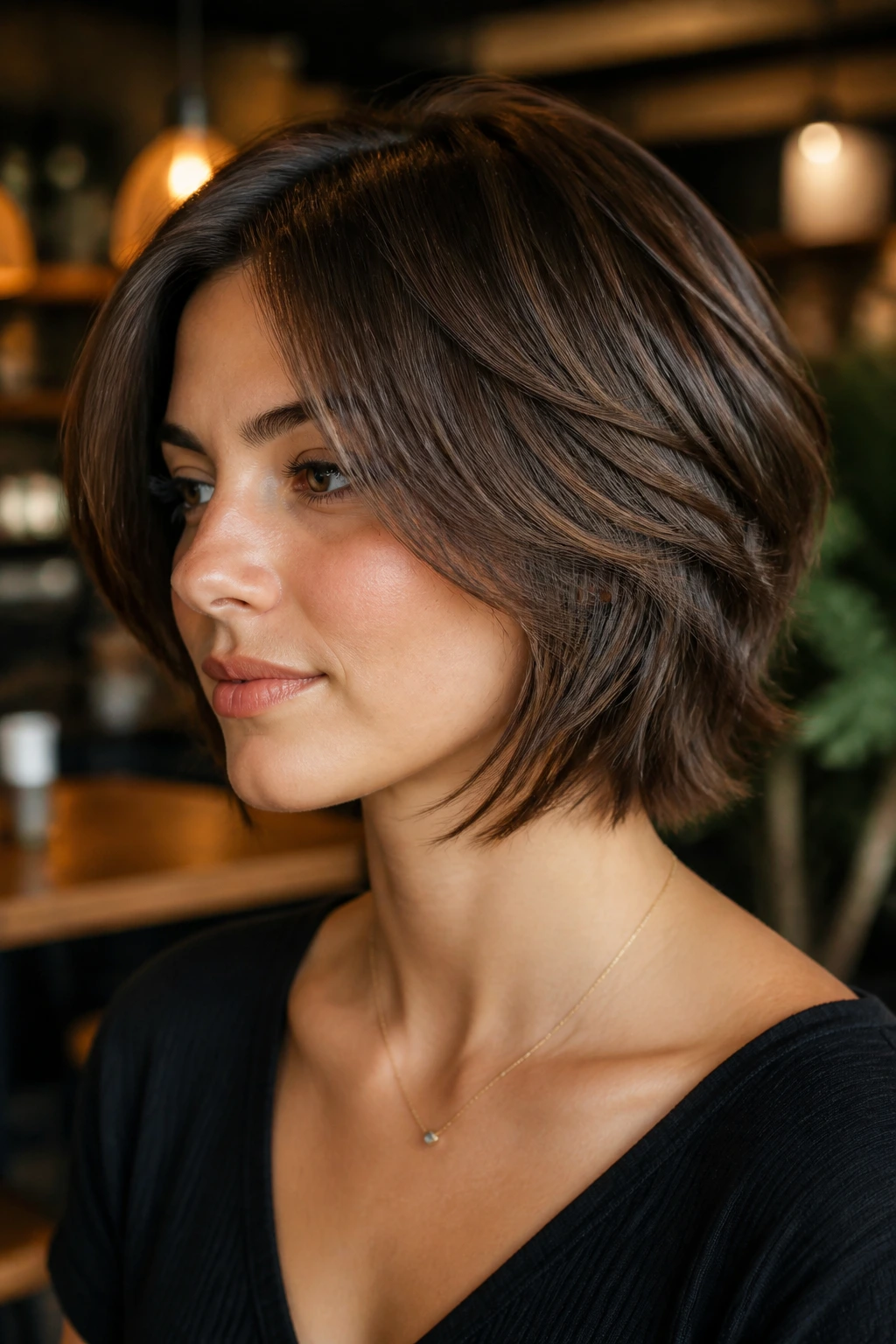 Close-up of a real woman with razor-cut stack and feathered ends at the jawline