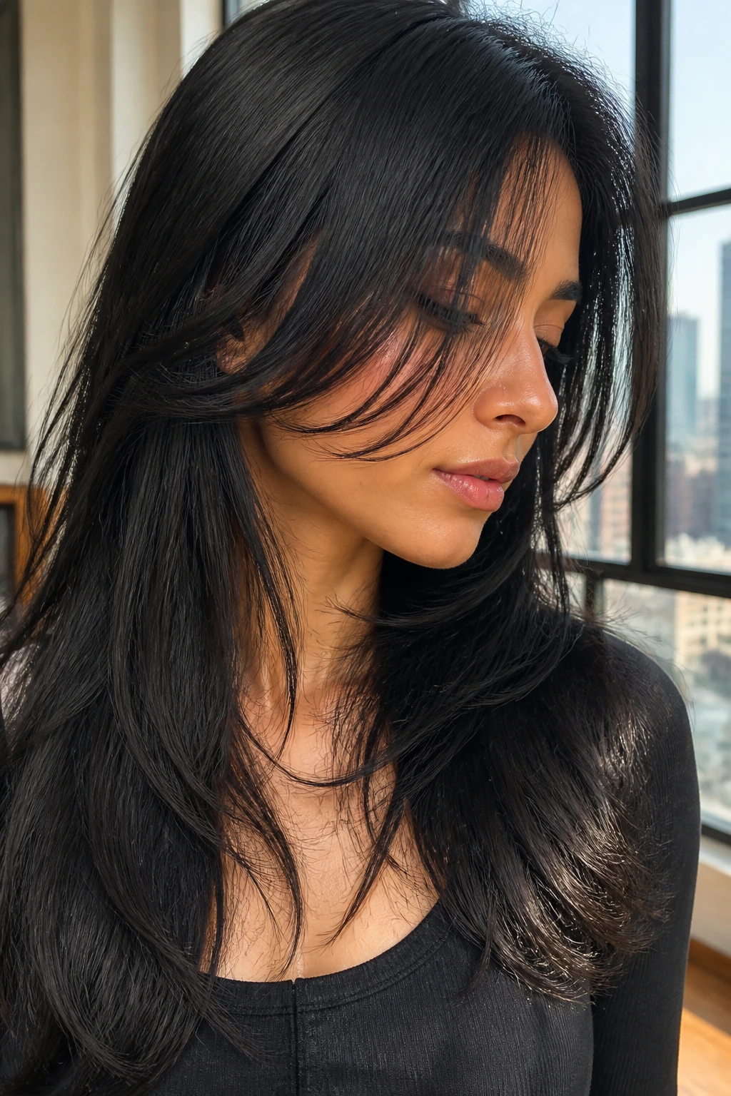 Portrait of a real woman with wispy razored ends on black hair in warm window light