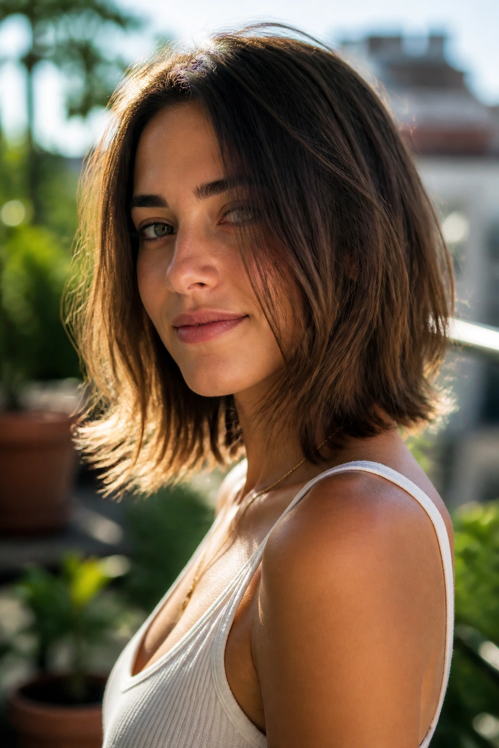 Close-up portrait of a real woman with razor-cut ends lob outdoors in sun