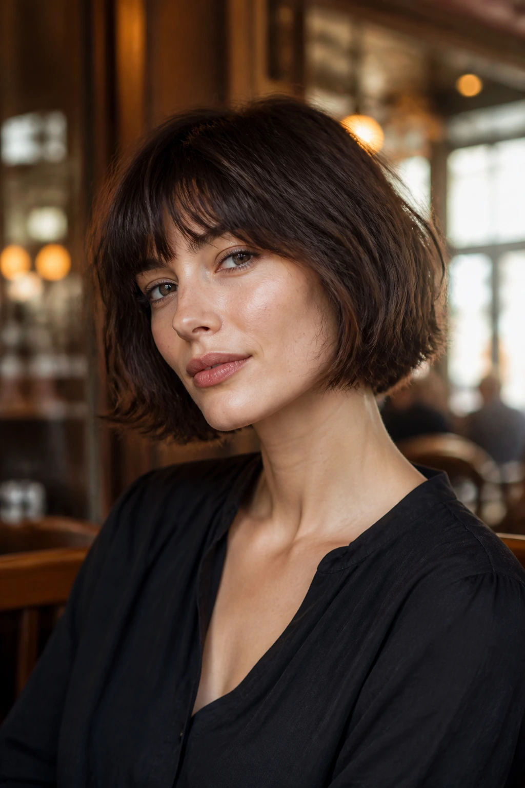 Three-quarter portrait of a real woman with a razored French bob