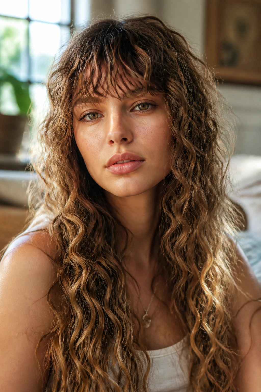 Close-up of a real person with razored fringe and crimped mermaid waves
