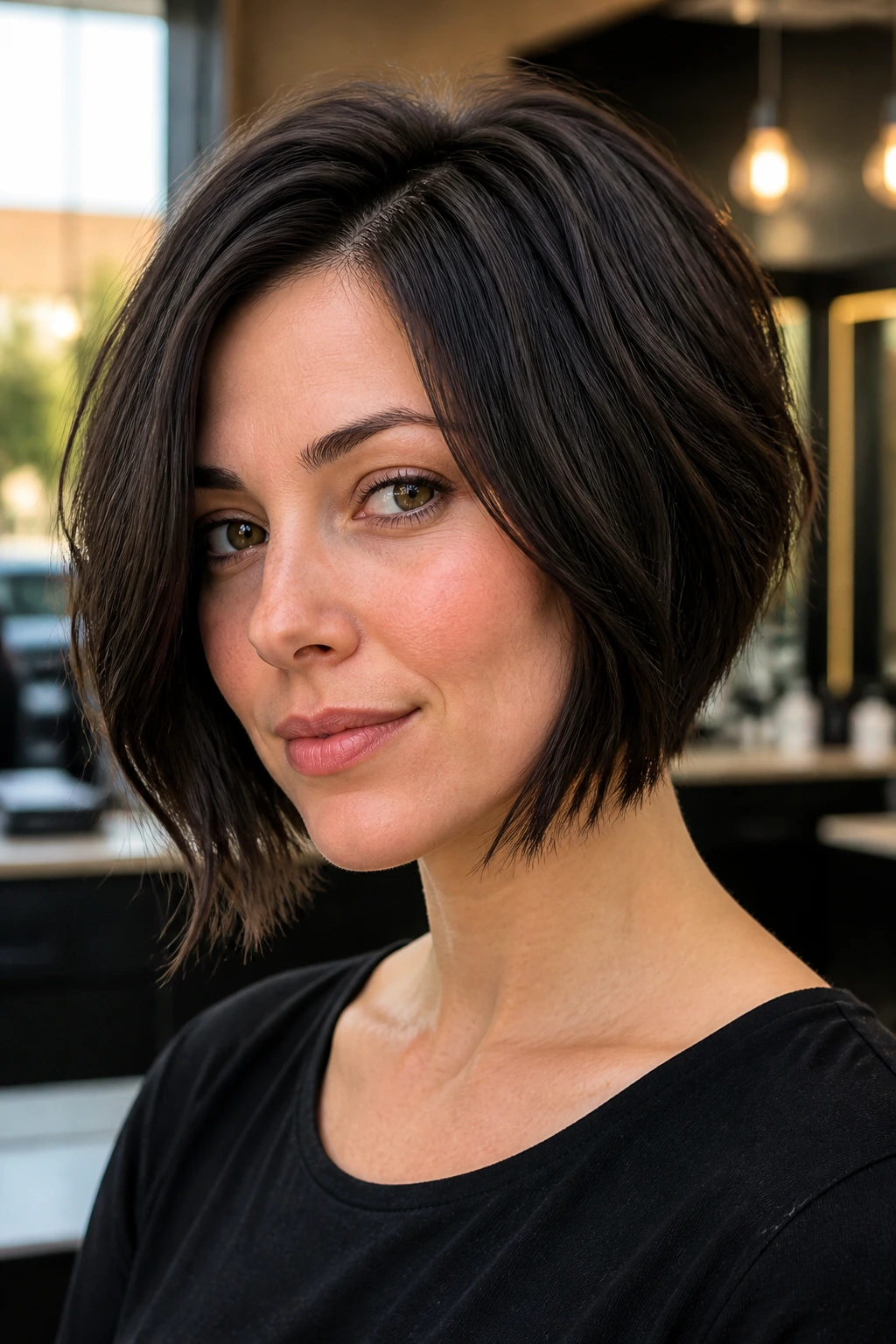 Close-up portrait of a real woman with a razored inverted bob