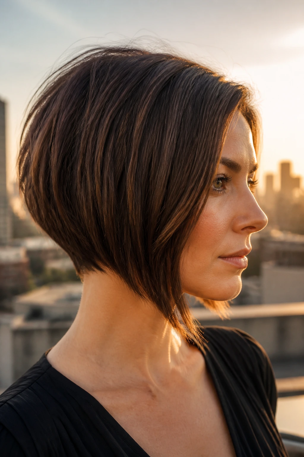 Close-up of a real woman with razored inverted bob showing stacked back and angled front.