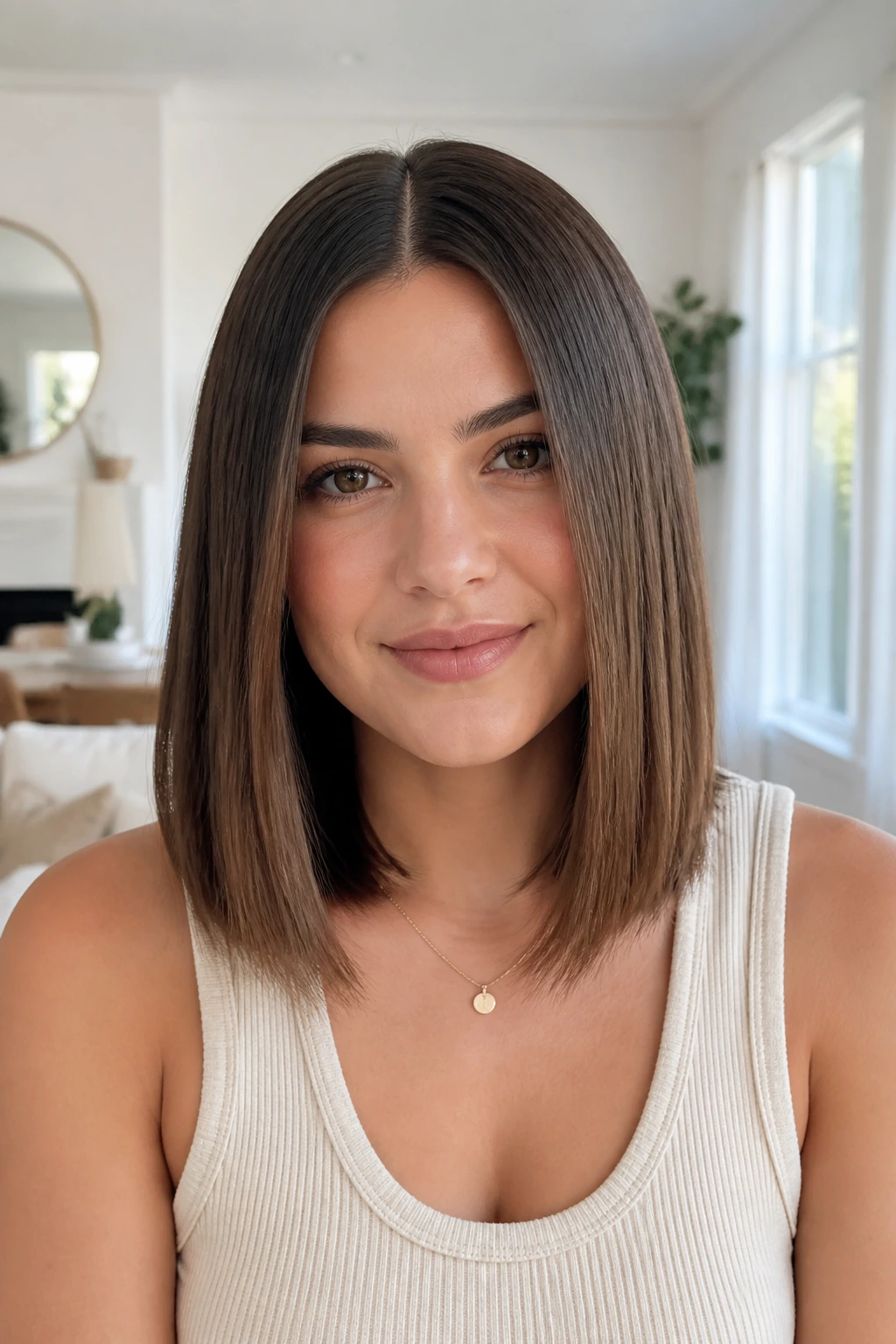 Close-up portrait of a real woman with a razored lob and center part.