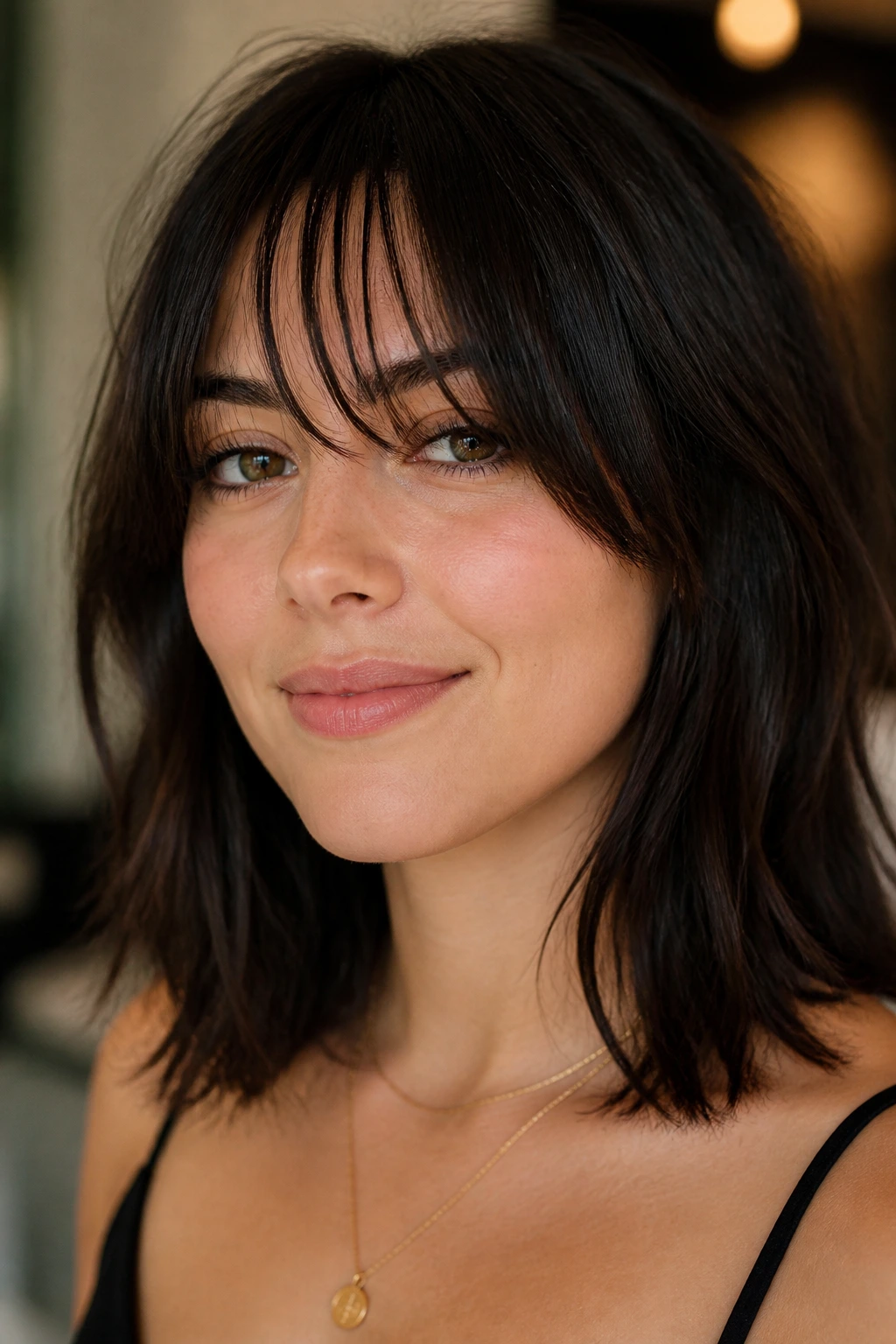 Portrait of a real person with espresso collarbone-length hair and wispy bangs