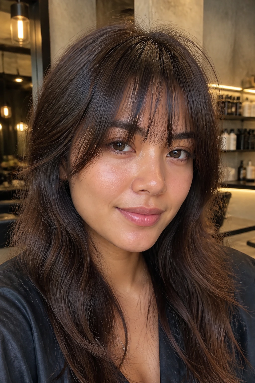 Close-up of a real person with Razored Wispy Bangs in warm salon light