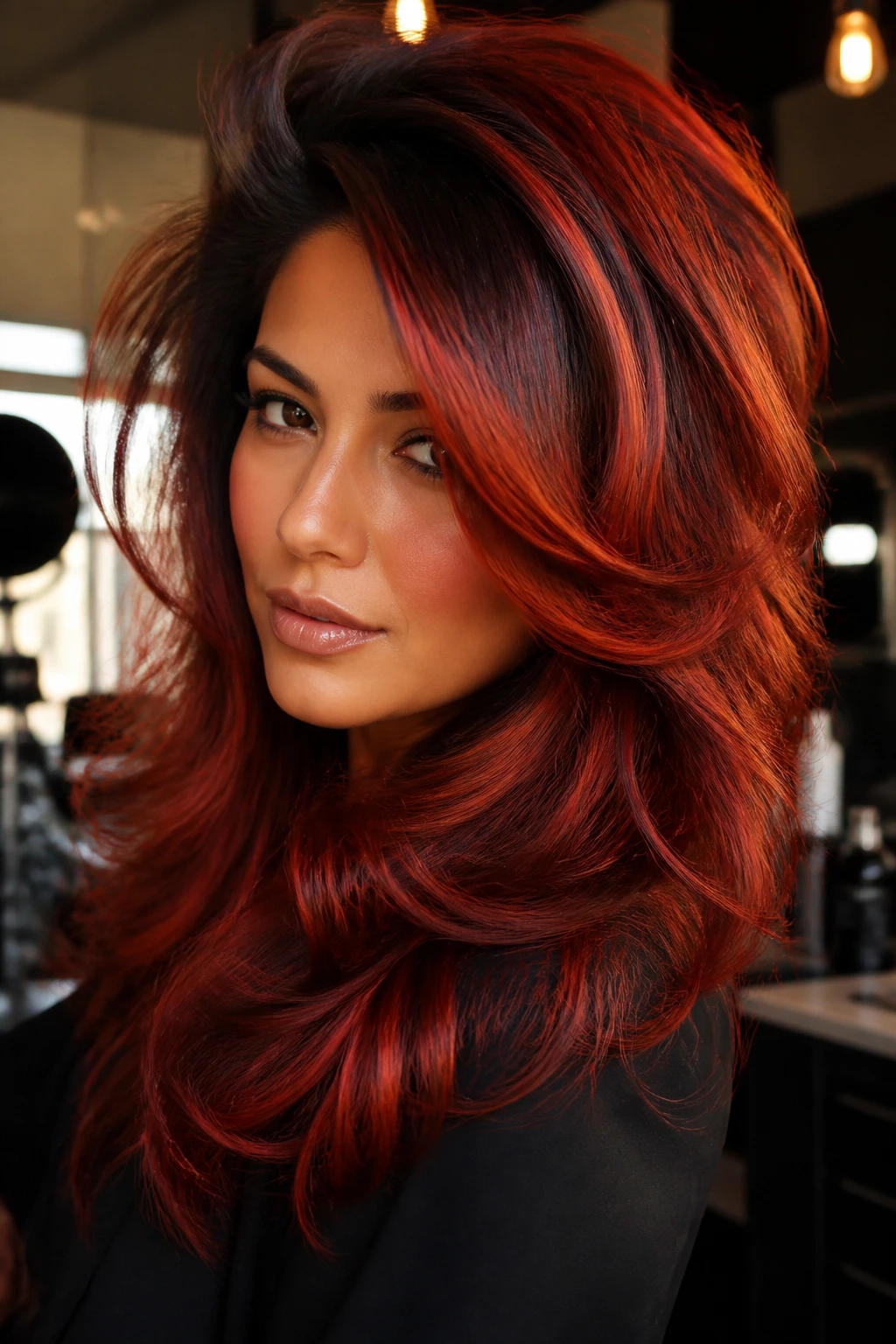 Close-up of a real woman with high-volume red balayage hair in a warm salon
