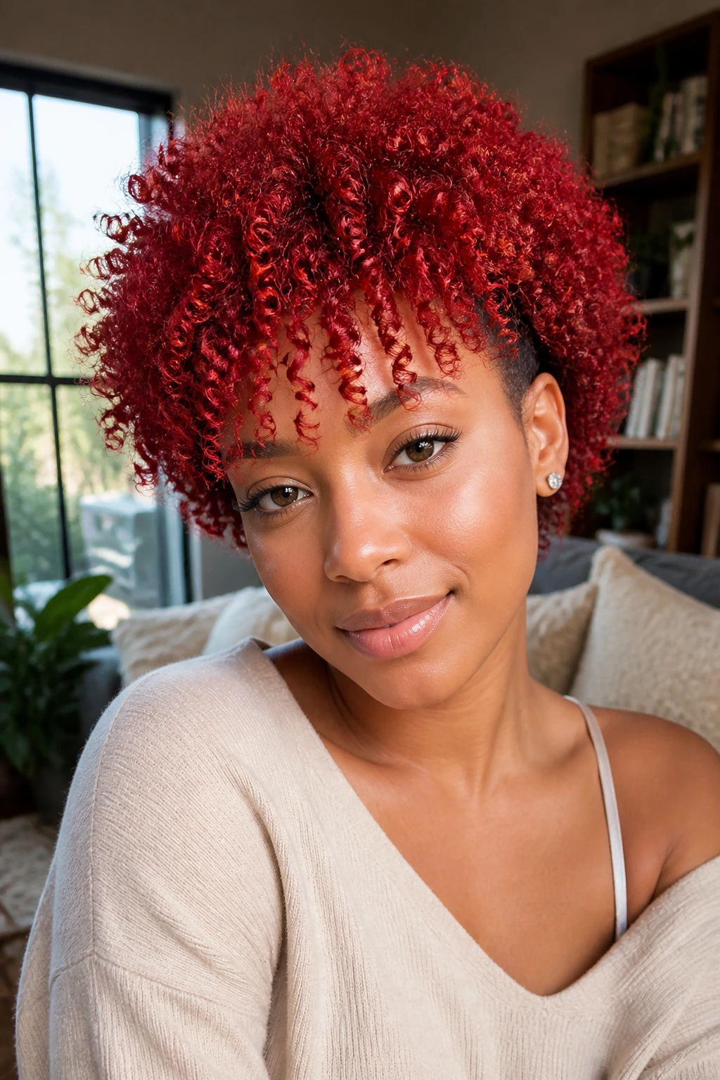 Close-up portrait of a real person with red-hot wash-and-go curls and tapered bangs