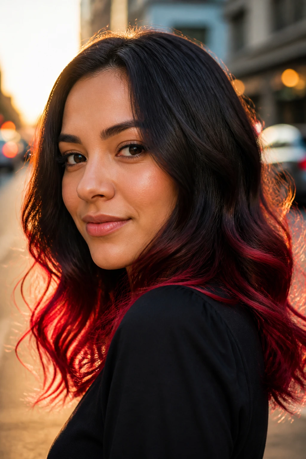 Latina portrait with red-tipped dark hair in glossy dip-dye style