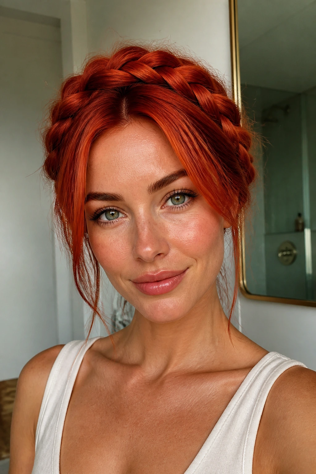 Close-up portrait of a real woman with red halo hairstyle illuminated by soft morning light
