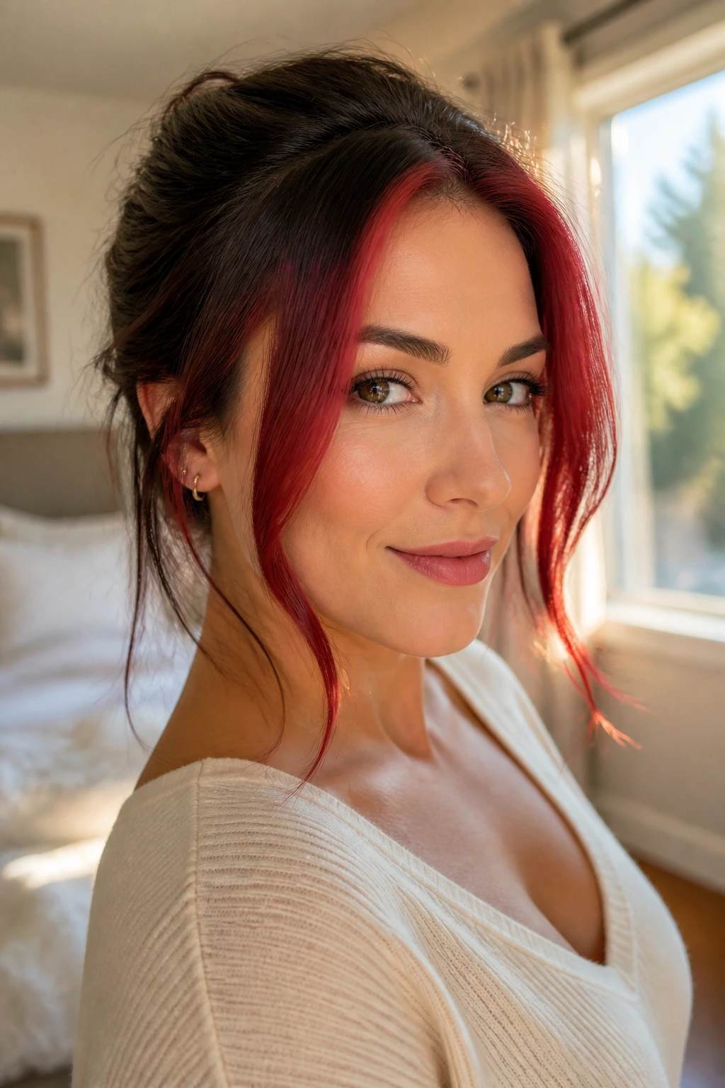 Close-up of a real woman with red halo framing her face in warm morning light