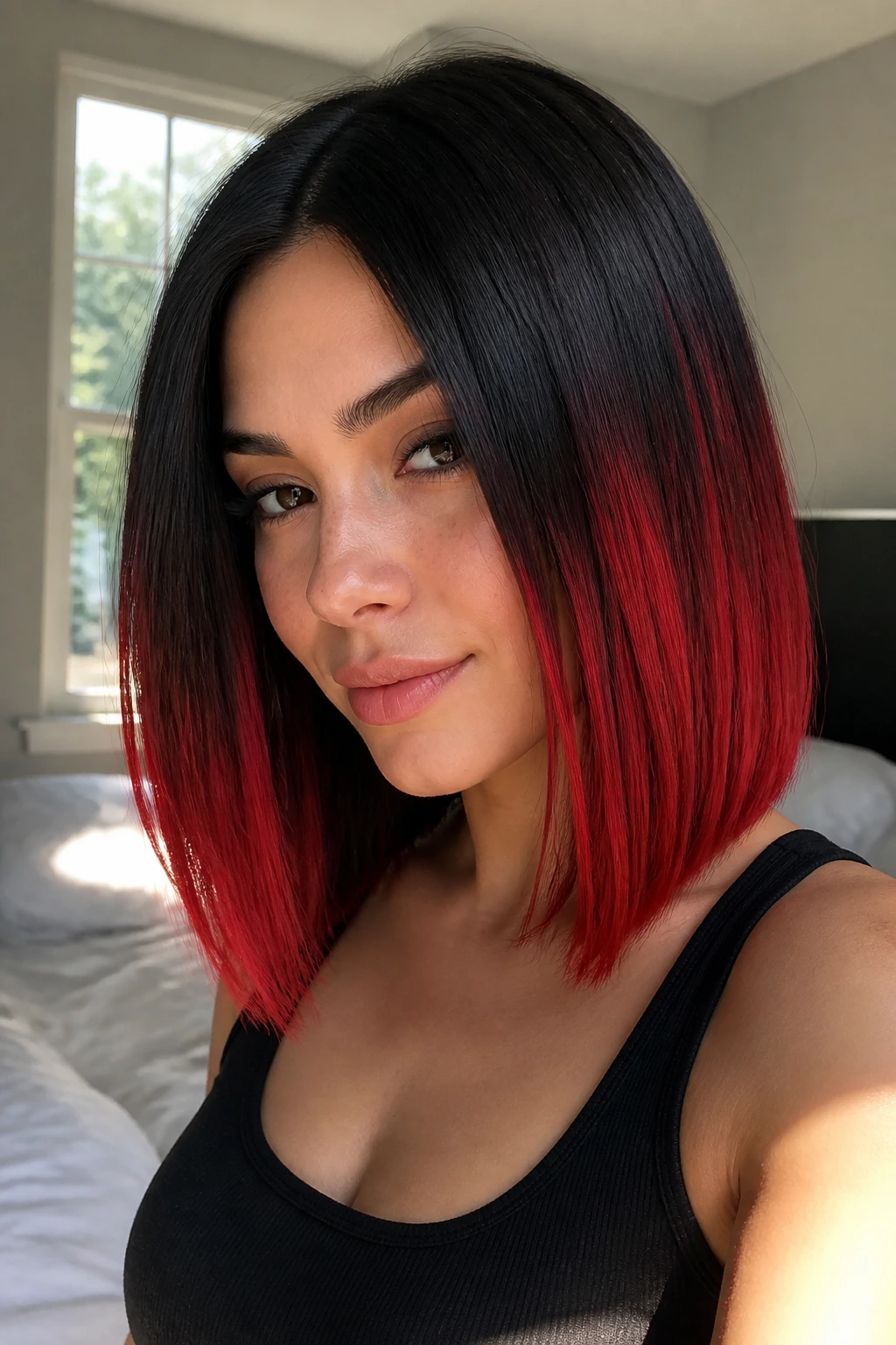 Close-up portrait of a real woman with a red-to-black blunt lob in a sunlit bedroom.