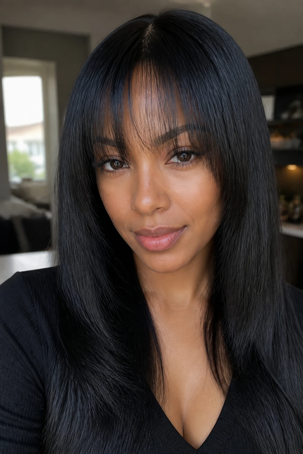 Close-up of a real person with relaxed, straightened black hair and wispy bangs in a living room