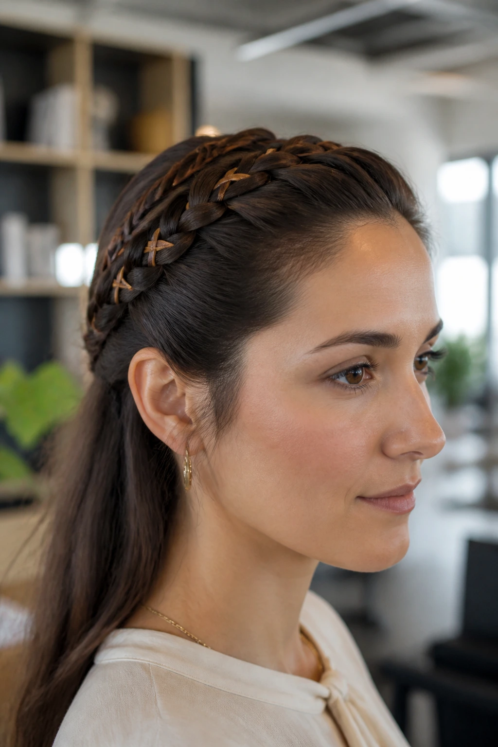 Close-up of a real woman with leather cord hair tape in an office setting