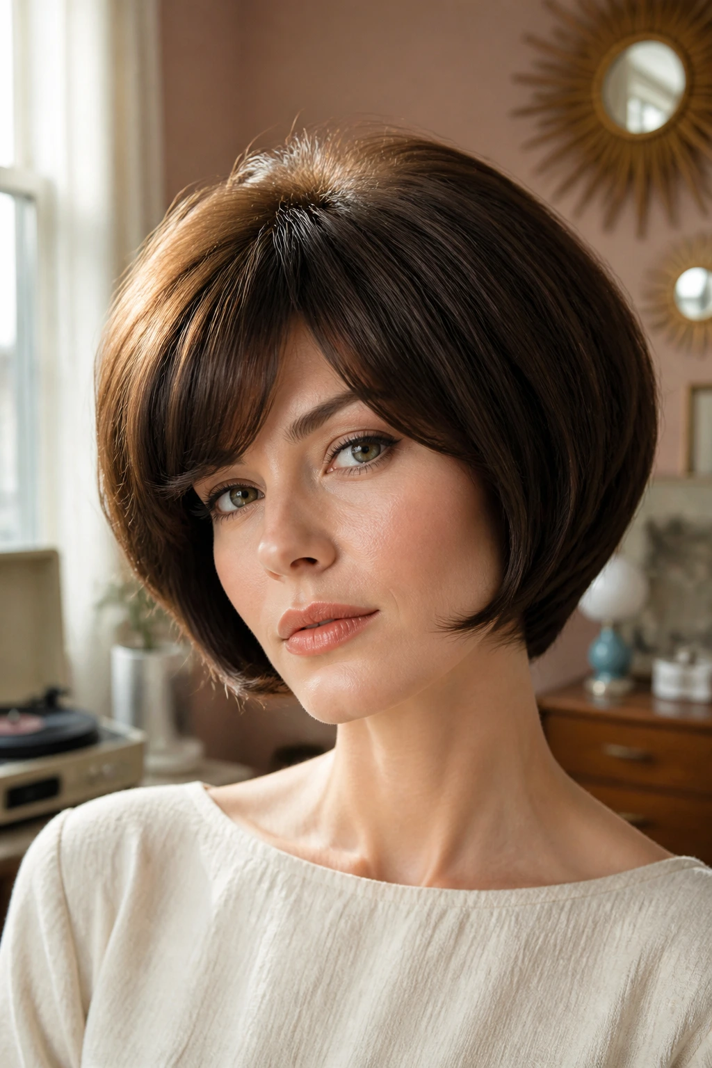 Close-up of a real woman with retro-inspired 60s stacked bob
