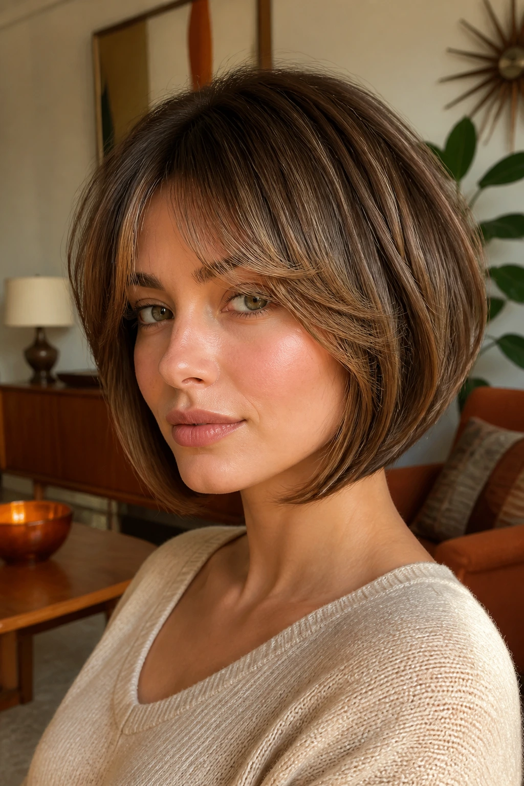 Portrait of a woman with retro-inspired rounded angled bob and feathered bangs.