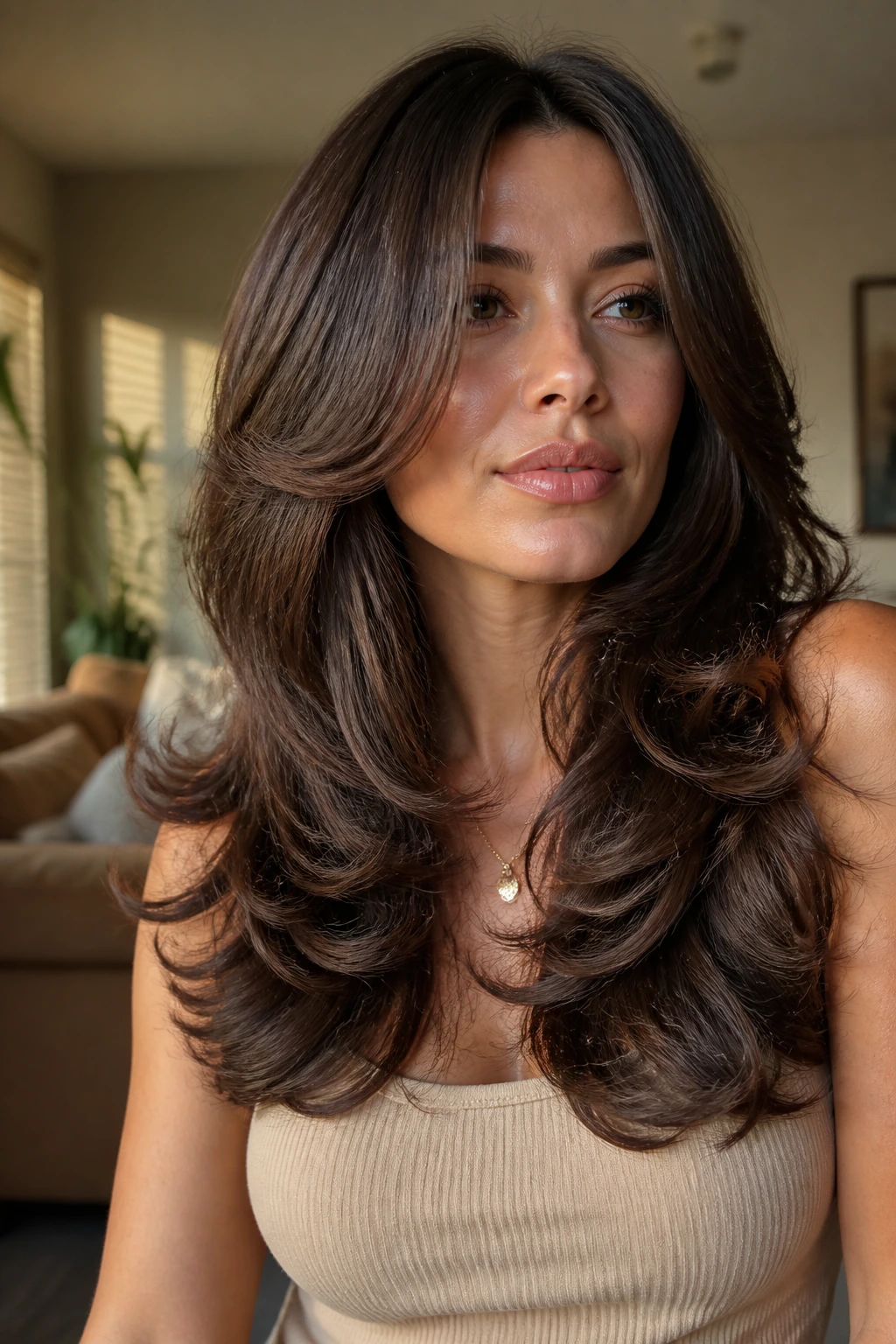 Portrait of a real woman with a retro-influenced butterfly cut and voluminous layers.