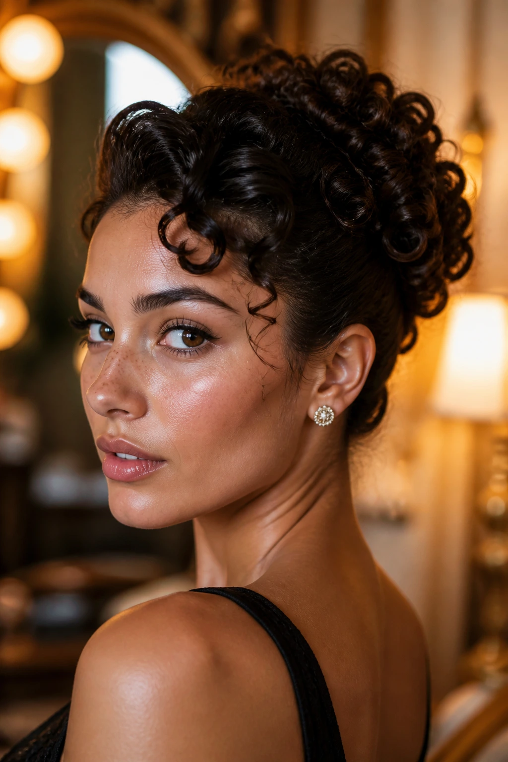 Close-up of a real woman with a sculptural retro-coil chignon.