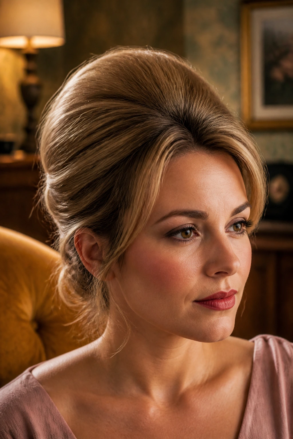 Close-up of a real woman with crown volume at the crown under warm light