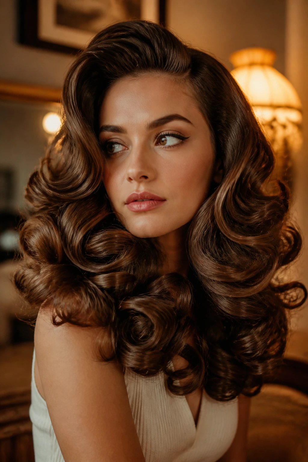 Portrait of a woman with voluminous retro curls in a warm vintage room