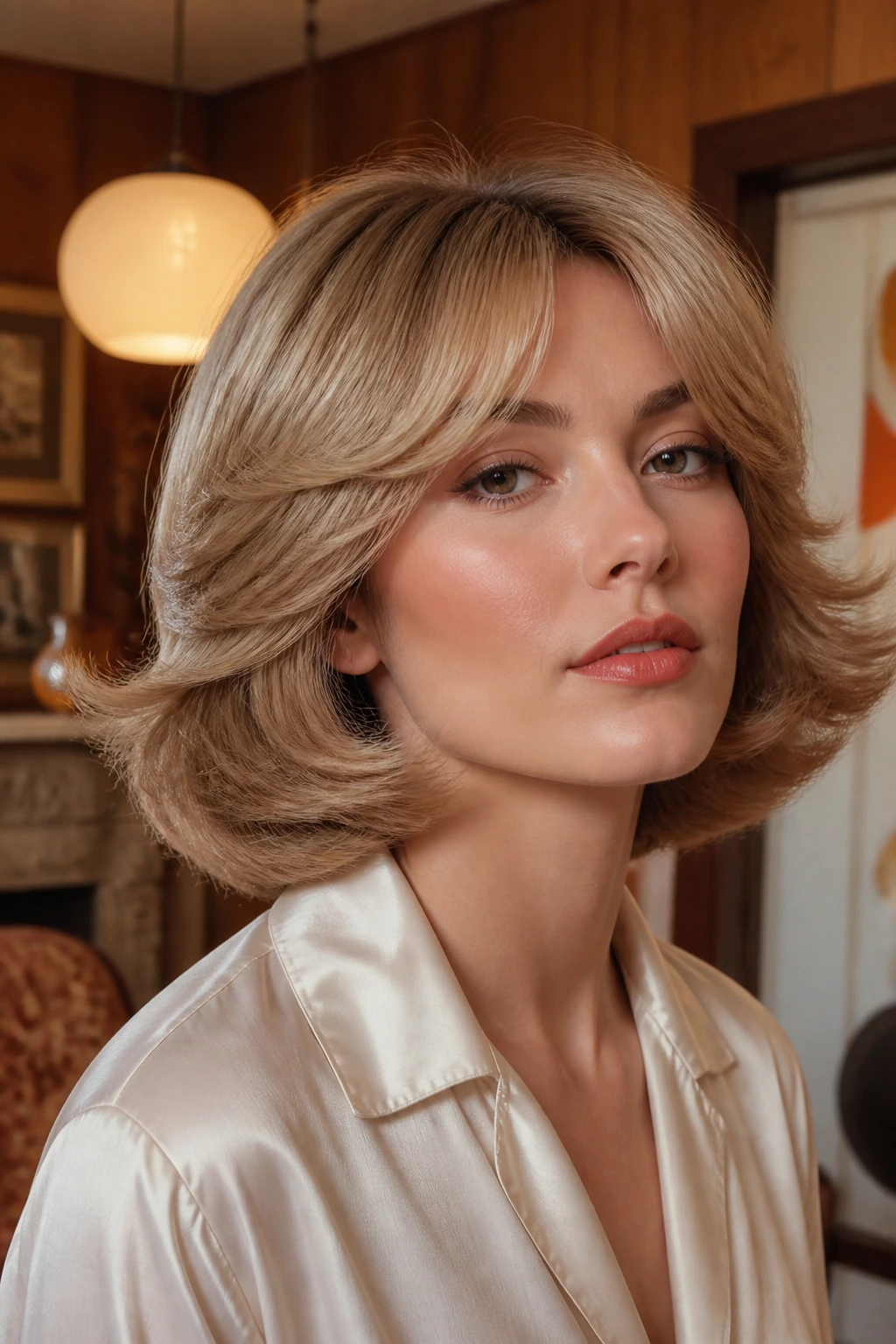 Close-up portrait of a real woman with a retro-inspired feathered bob in a vintage room
