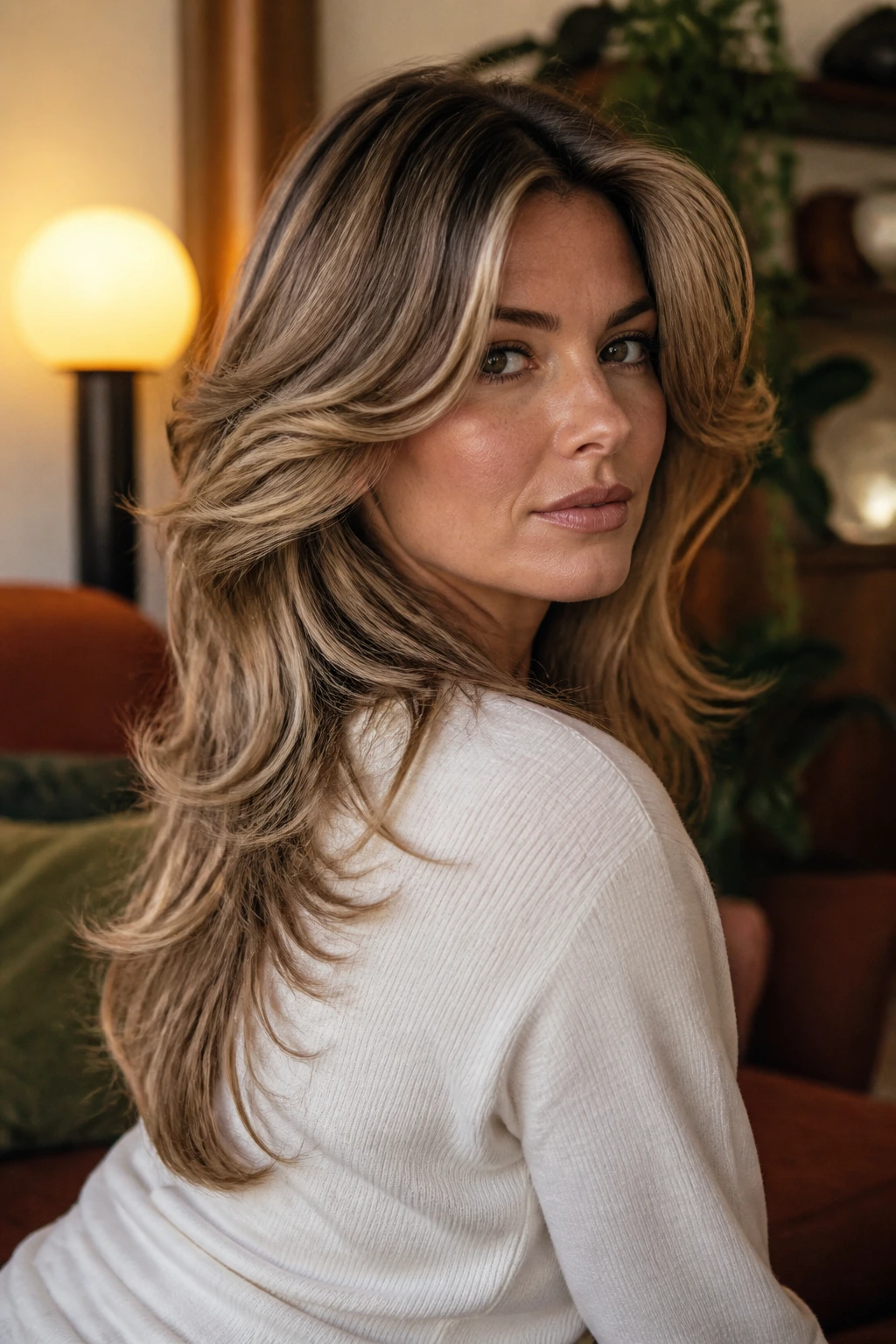 Close-up of a real woman with retro feathered V-cut and face-framing layers.