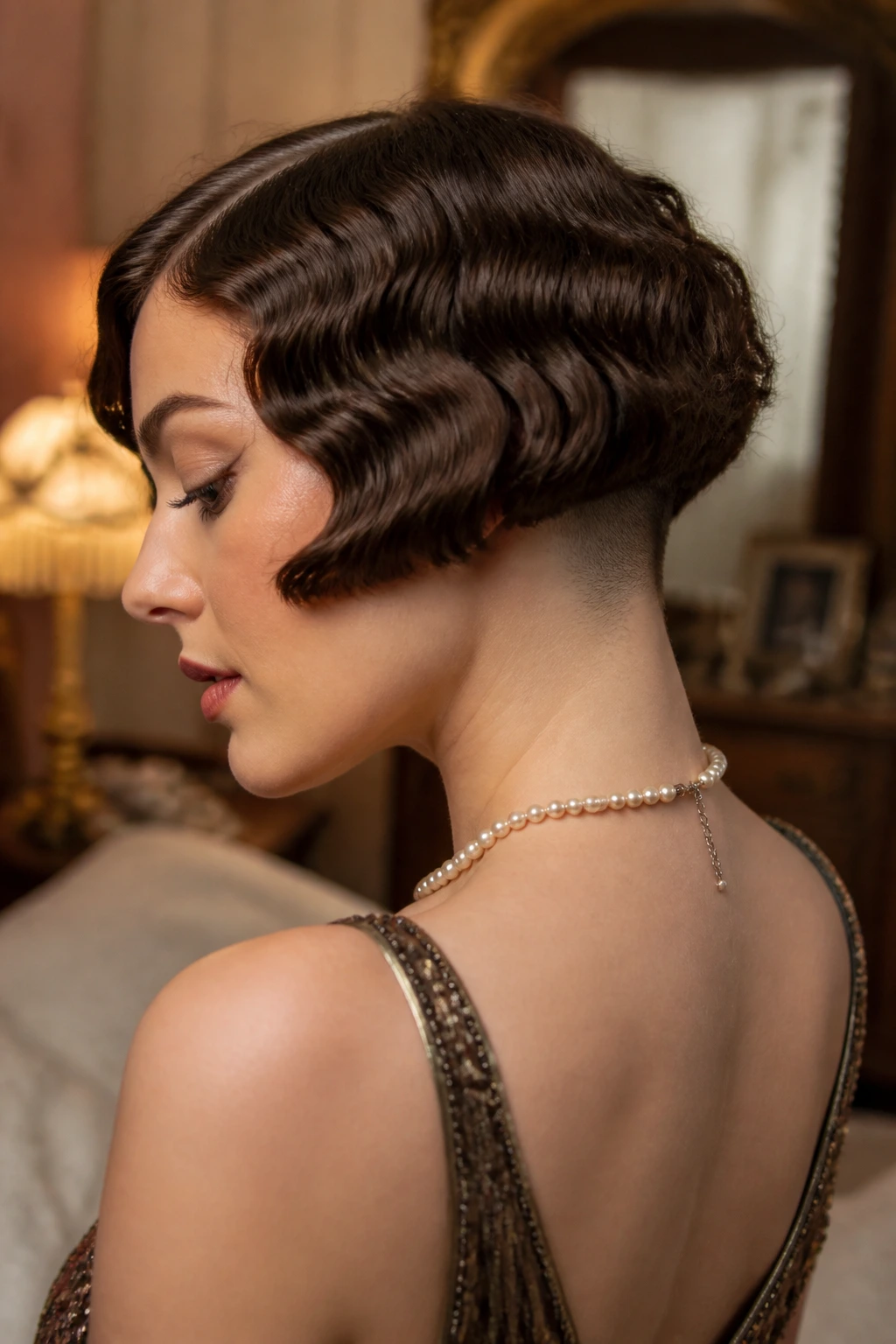 Close-up portrait of a real woman with vintage waves and shaved nape in a retro bedroom.