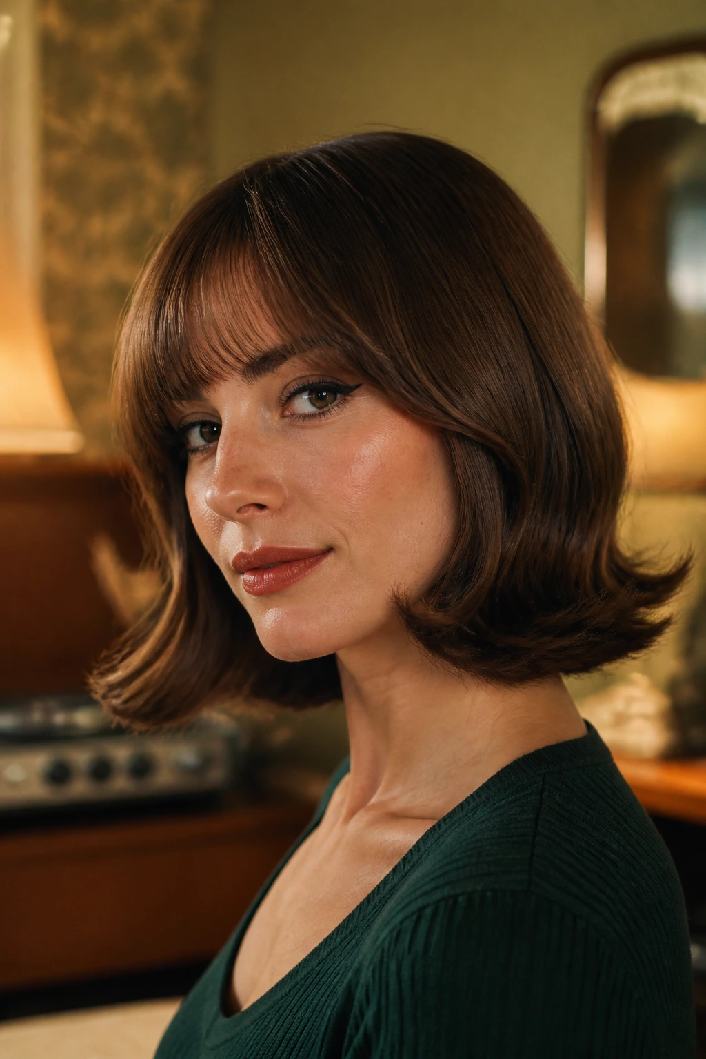 Portrait of a woman with retro flared bob and outward flicks in a vintage setting.