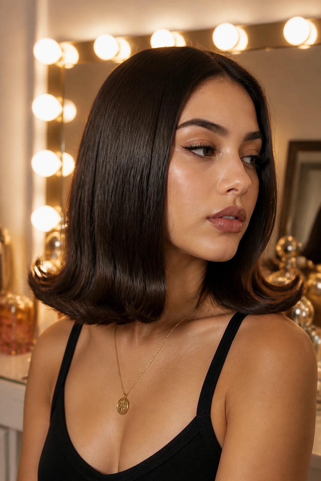 Close-up of ends flipped outward in a retro-inspired hairstyle