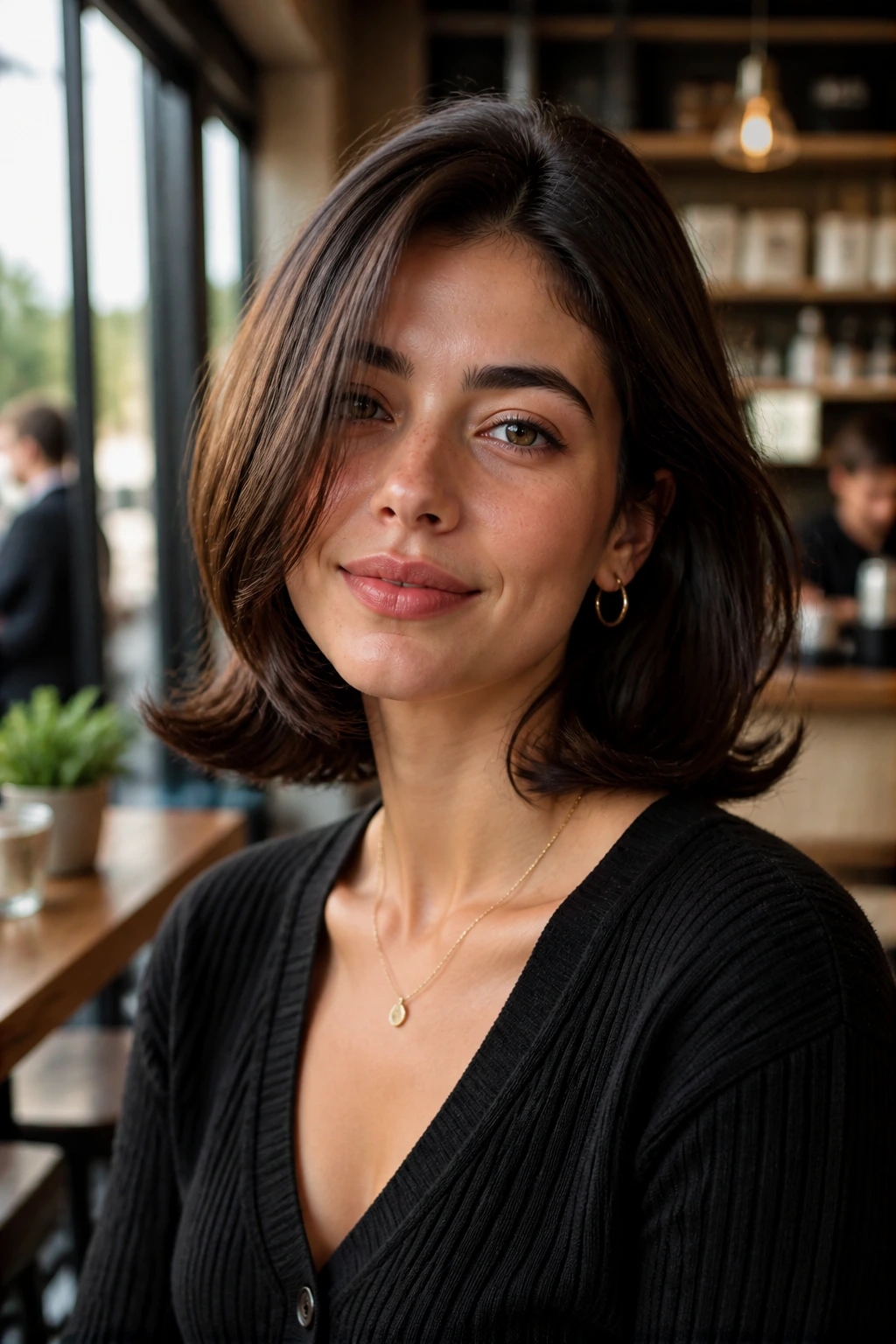 Close-up of a real woman with retro flipped ends hairstyle