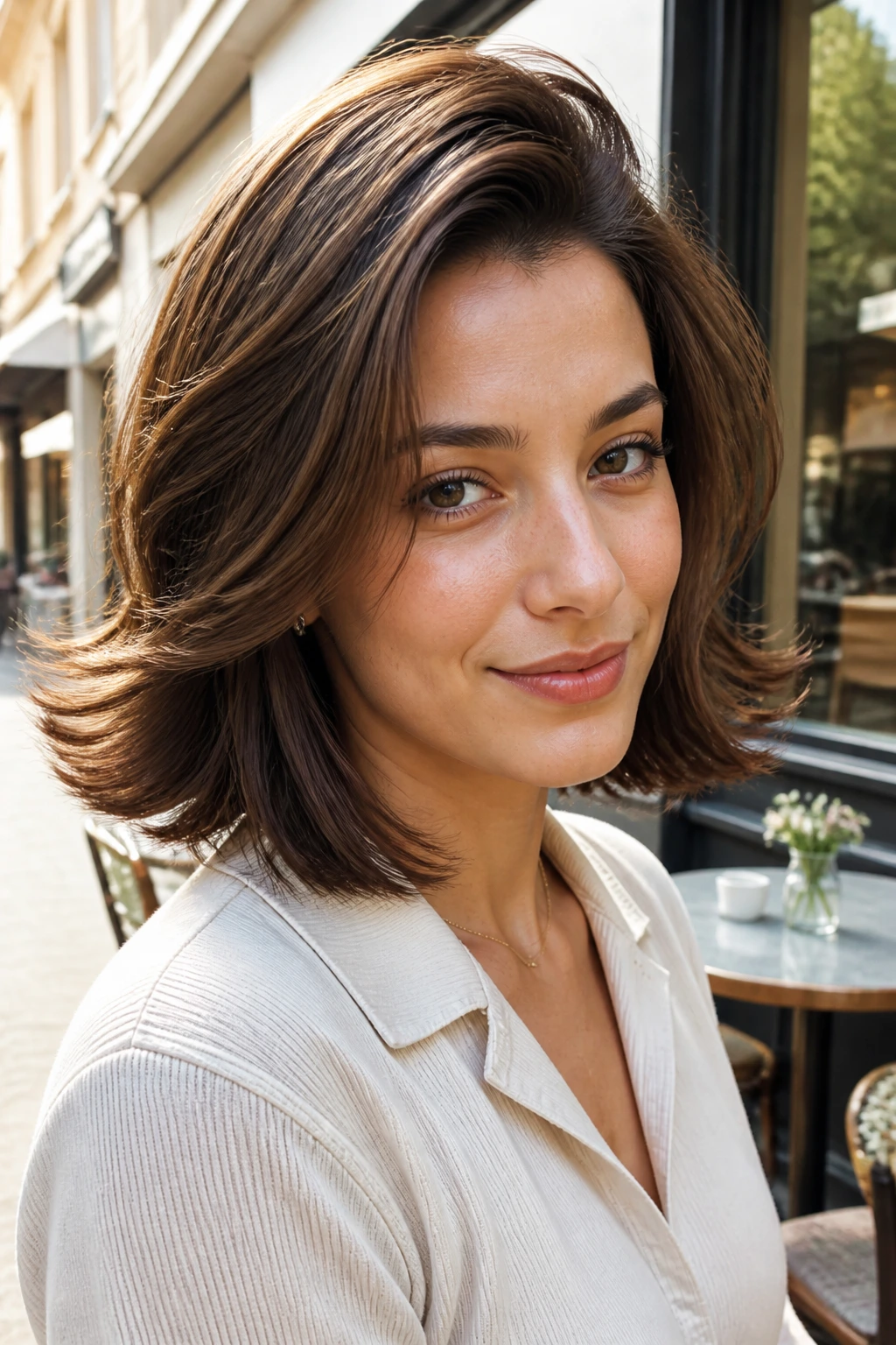 Close-up portrait of a real woman with retro-flipped lob ends outward
