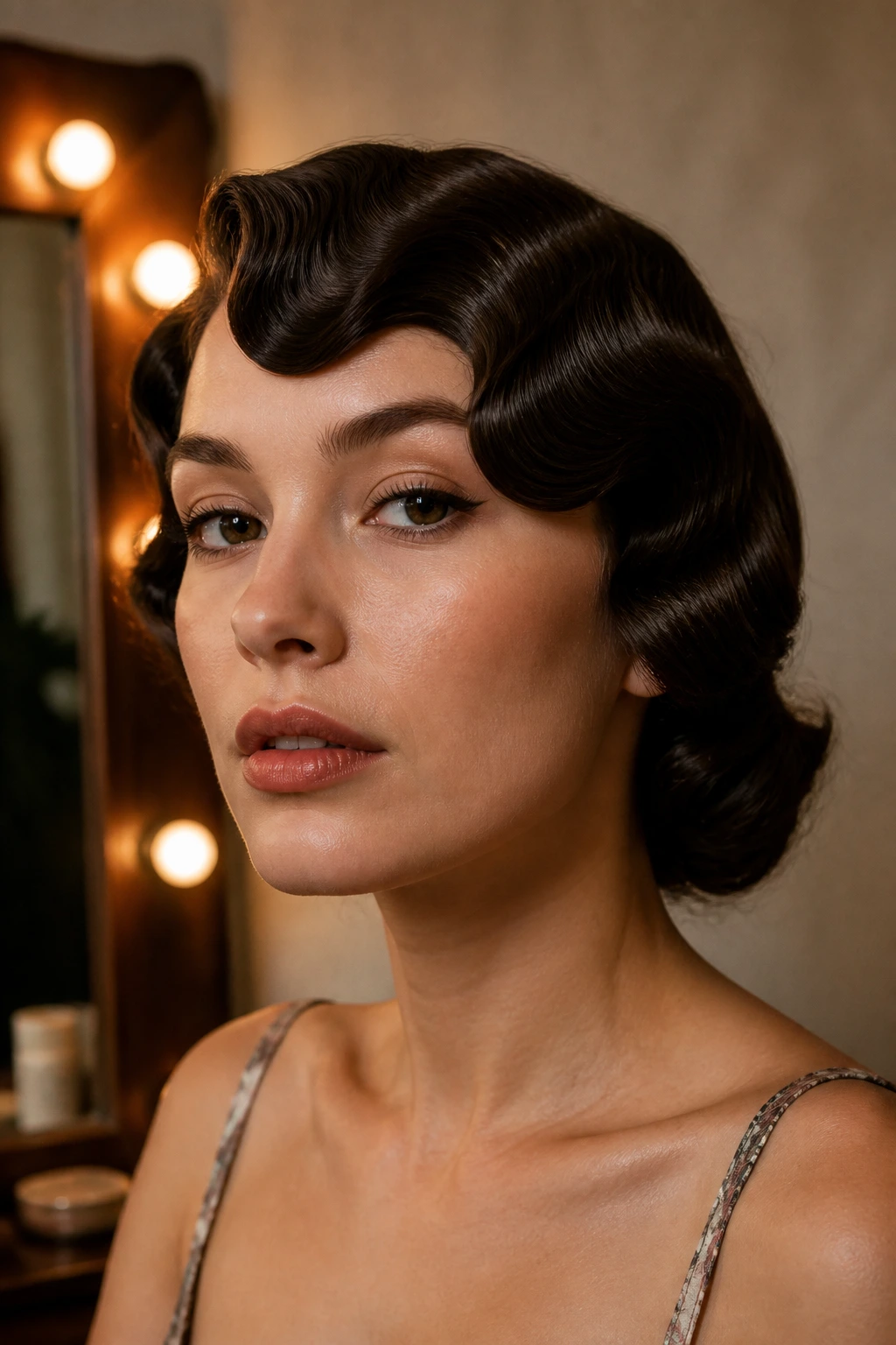 Close-up portrait of a woman with retro finger-wave fringe and vintage styling.