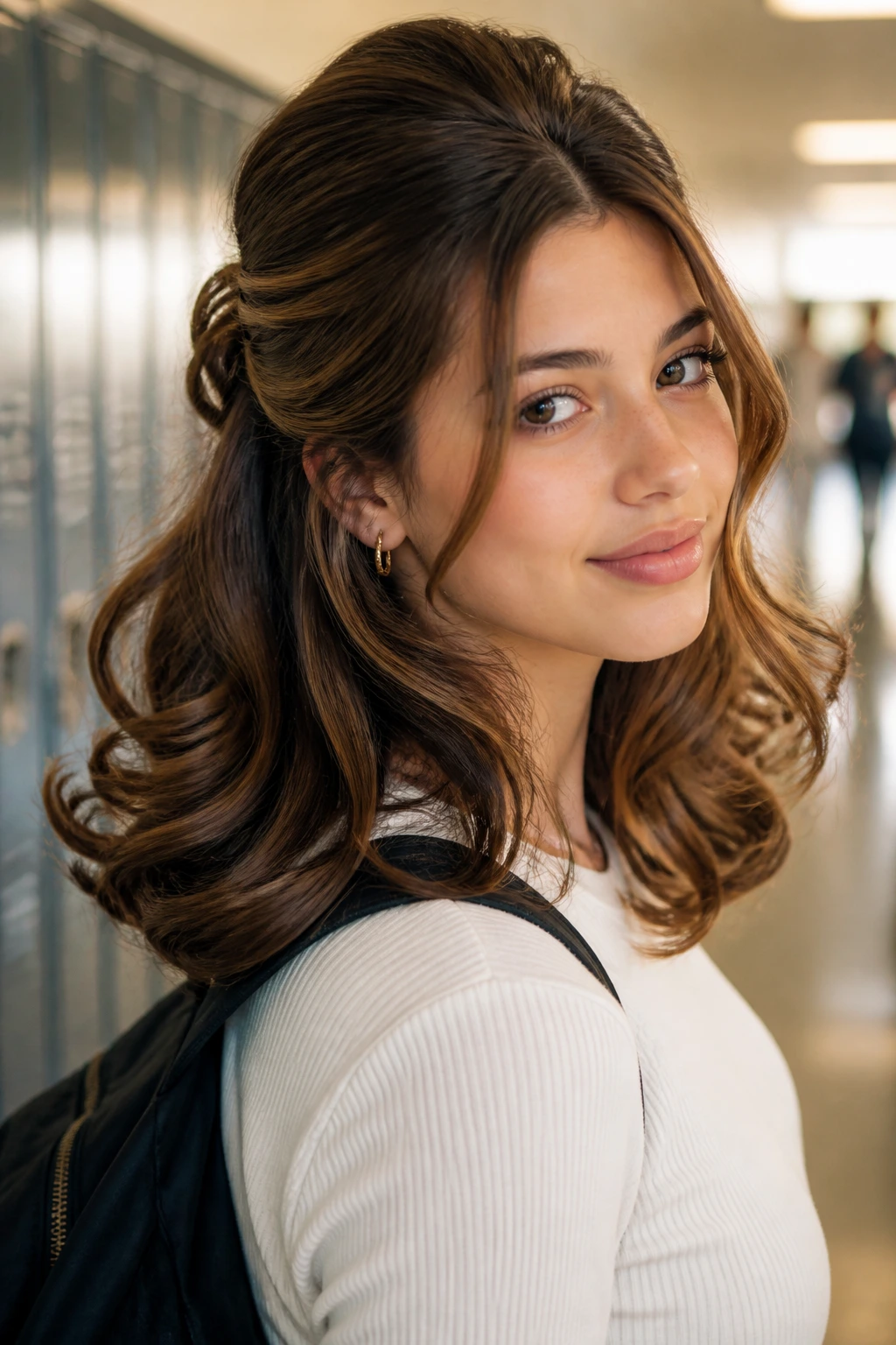 Close-up portrait of a teen girl in a school hallway with retro voluminous half-up bounce hairstyle featuring crown lift and curled ends.