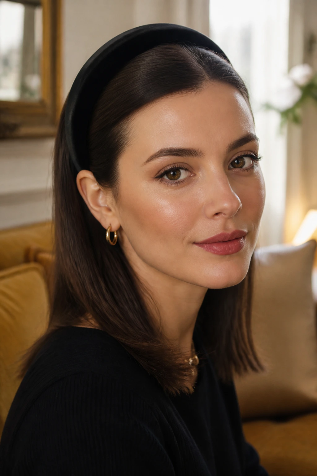Close-up of a woman wearing a velvet headband with sleek shoulder-length straight hair