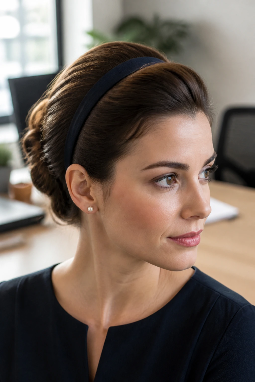 Close-up of a real woman with a retro headband tuck in office setting.