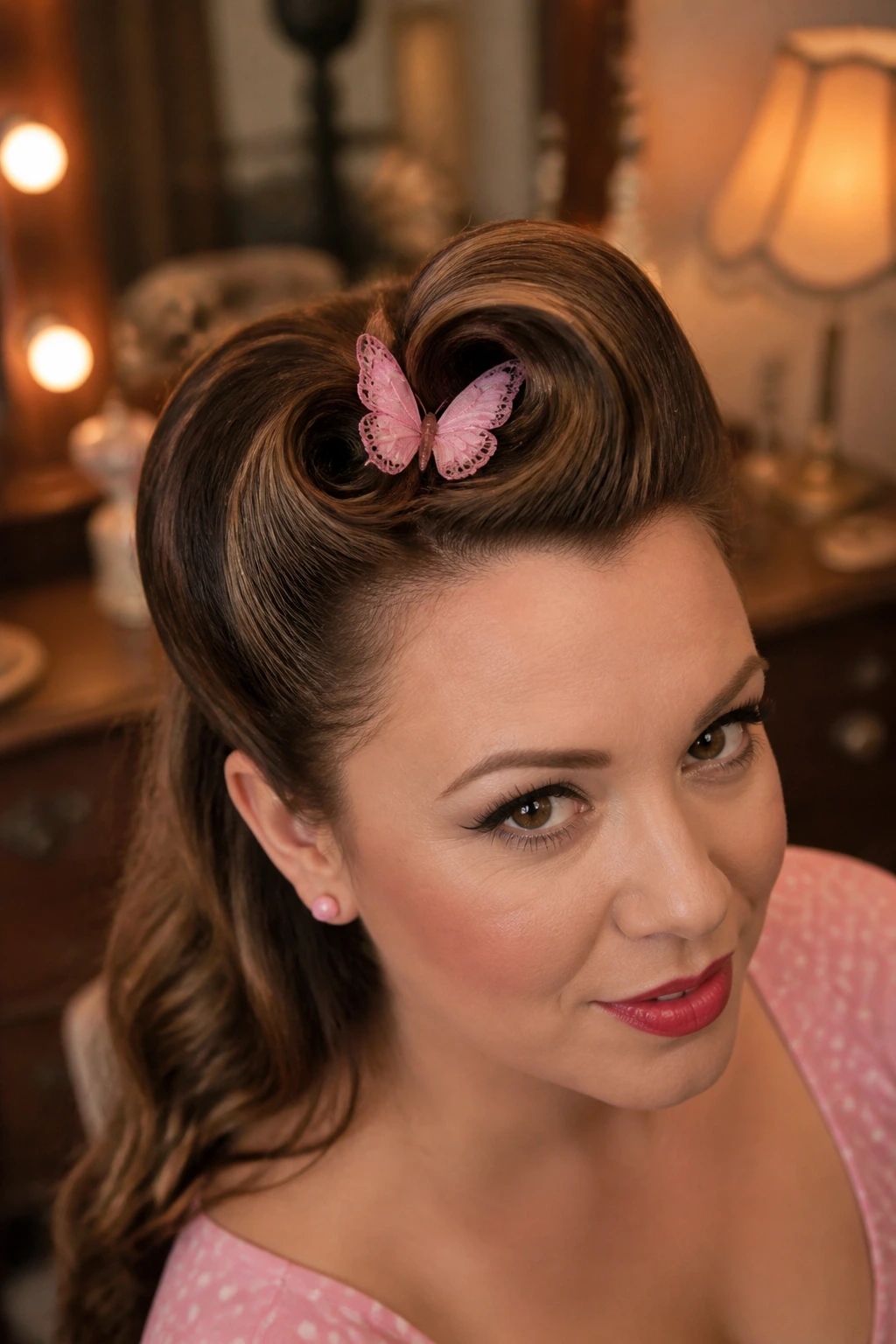 Close-up of woman with retro pin-up roll and pink butterfly at base