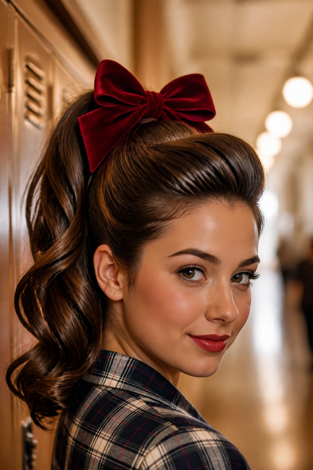 Voluminous Retro Ponytail with a Velvet Bow close-up of a real woman with high ponytail and velvet bow